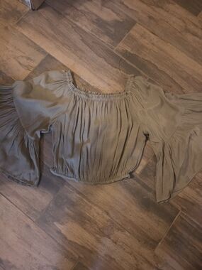 True Destiny Olive Smocked Off-Shoulder Bell Sleeve Blouse